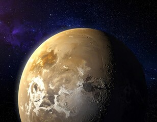 Distant planet, bathed in light, set against a star-filled cosmos