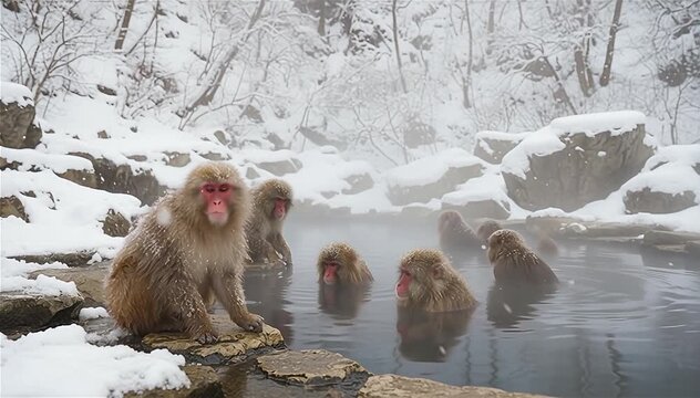 Close up of Japanese snow macaques (Macaca fuscata) feel lonely sitting beside thermal pool at Jigokudani Park, Nakano, Japan.
