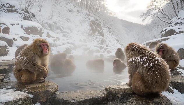 Close up of Japanese snow macaques (Macaca fuscata) feel lonely sitting beside thermal pool at Jigokudani Park, Nakano, Japan.
