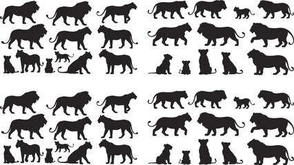 Lion family silhouette collection featuring male lion, lioness and cub poses isolated on white background, African safari wildlife vector set for design © Nur