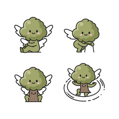 Obraz premium Cute cartoon broccoli characters with wings in various poses on white background