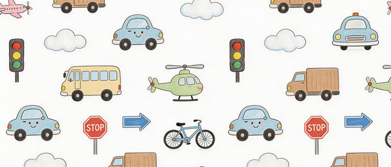 Fototapeta premium Kids Transportation and Vehicle Crayon Pattern