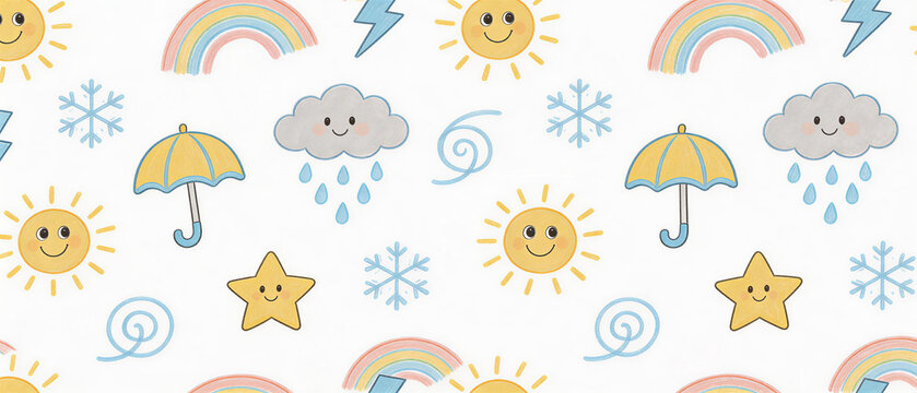 Cute Weather Elements and Rainbow Seamless Pattern