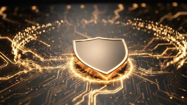 A sleek, metallic shield icon with glowing edges rests on a dark circuit board. The scene represents digital security, cybersecurity, and data protection in a modern, high-tech environment