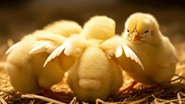 Three adorable yellow chicks huddle together in a cozy nest of straw.