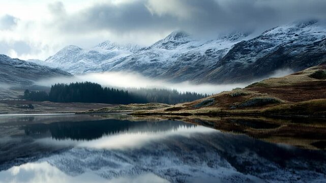 A serene mountain landscape with snow-covered peaks, dense forest, and a calm lake reflecting the scene. Mist drifts across the valley under a cloudy sky, creating a tranquil, picturesque view