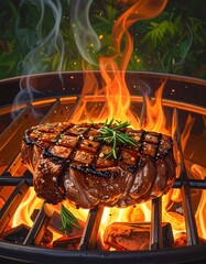 A grilled steak sizzles amidst flames, smoke, and rosemary sprigs