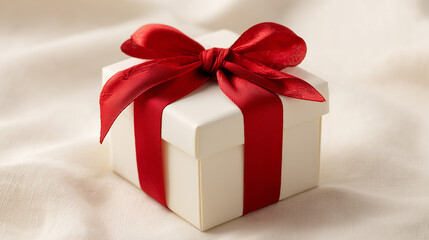 Obraz premium Gift of Delight: A pristine white gift box, adorned with a vibrant red ribbon and bow, sits elegantly. This image is the perfect symbol of giving and receiving.