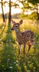 A young deer stands alone on a moun hill surrounded by vibrant wildflowers and lush greenery in a serene forest glade
