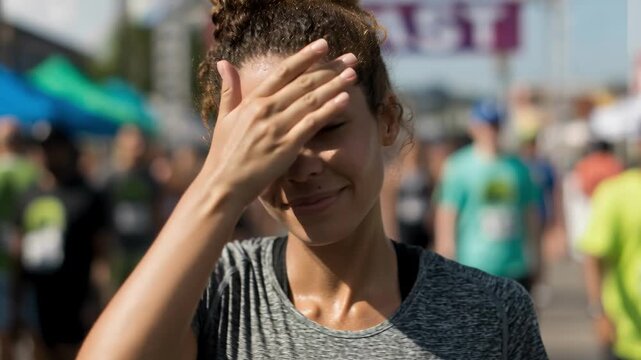 A woman, visibly sweaty and wearing athletic gear, finishes a race or intense workout. She stands outdoors with her eyes closed, breathing deeply and savoring the moment of accomplishment and relief