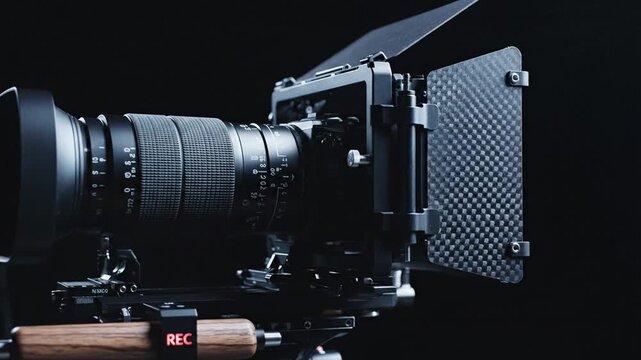 Professional camera equipment setup with lens, body, and accessories on a studio background for high-quality photography