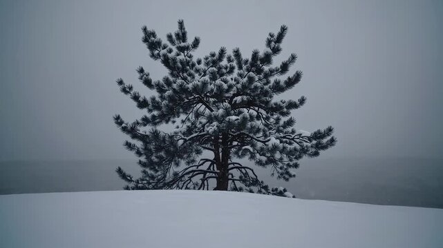 A lone pine tree stands on a snowy hill under an overcast sky. The scene is minimalist and tranquil, with soft, even lighting and a sense of solitude in a cold, wintery landscape