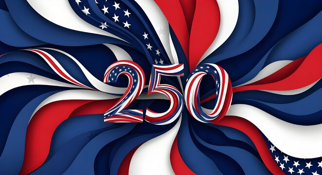 250th anniversary celebration design with american flag colors and stars in dynamic wavy background