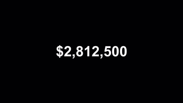 Five million dollar counting animation from zero to five million on a transparent background, 0 to 5,000,000 dollar money counter animation with alpha channel.