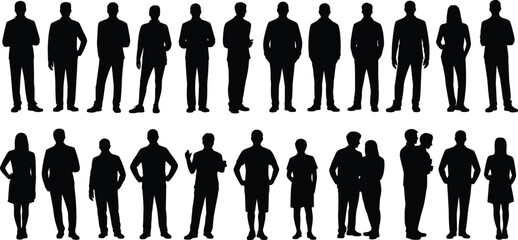 "Black silhouettes of twenty diverse people in standing poses, anonymous human figures for design, posture, illustration, body language concept" © Masud