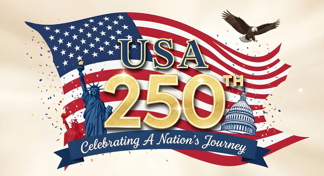 Usa 250th anniversary celebration graphic with american flag, statue of liberty, capitol building, and eagle