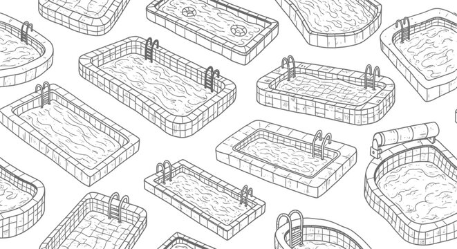 A whimsical seamless pattern of various swimming pools in a playful illustrative style
