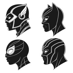 Four superhero helmets in black and white © Sumi