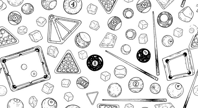 Seamless Pattern of Billiard Balls, Cues, and Racks in Hand-Drawn Sketch Style