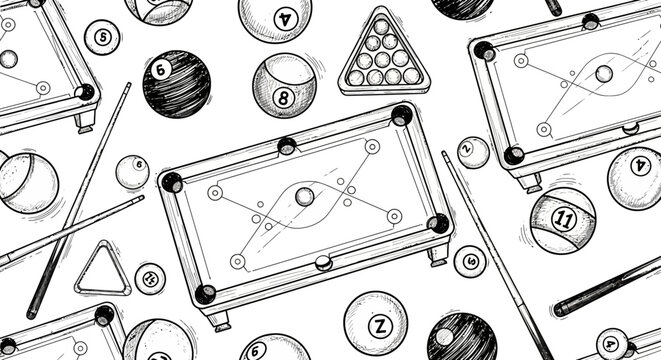 Seamless Pattern of Billiard Balls and Tables in Sketchy Hand-Drawn Style