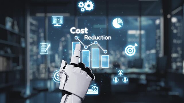 A robotic hand interacts with a digital display showcasing cost reduction and financial data in a contemporary office environment, symbolizing innovation and technology. Auvana