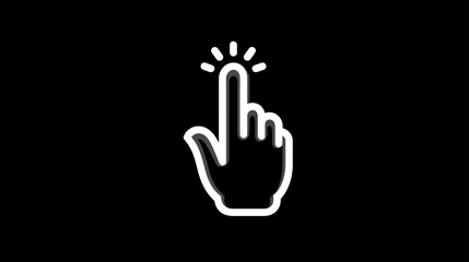 Obraz premium White glowing hand cursor icon on black background. Digital finger tap gesture, click symbol, touch screen concept for user interface.