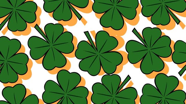 Festive looping footage of green shamrock clovers arranged in a seamless pattern on a bright background. Perfect for St Patrick&rsquo;s Day themes, Irish celebration visuals, lucky symbols