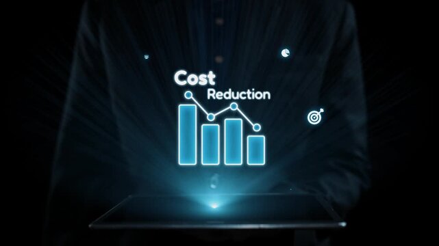 A businessman showcases digital icons representing cost reduction and financial analysis, emphasizing technology role in enhancing business strategy and growth. Qubit