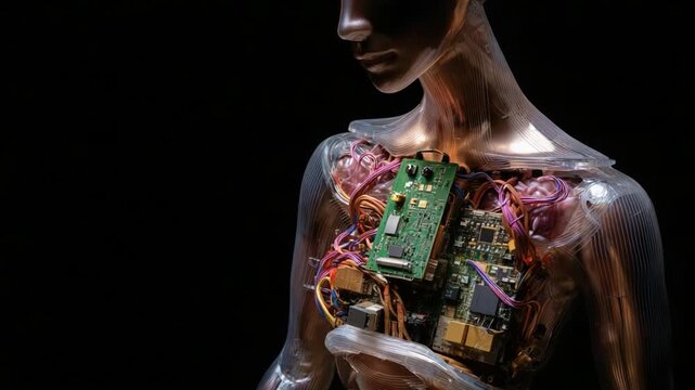 A Stunning Fusion of Technology and Art: The Intricate Details of a Transparent Robot Displaying Complex Circuitry and Wiring Inside Its Chest