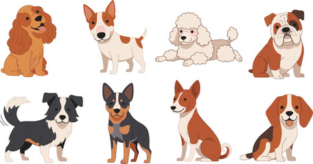 Fototapeta premium Cute Different Dog Breeds Cartoon Set with Sitting and Standing Poses for Pet Design, Domestic Canine Flat Vector Illustration Collection