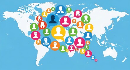 Naklejka premium Global Communication Network with People Avatars on World Map