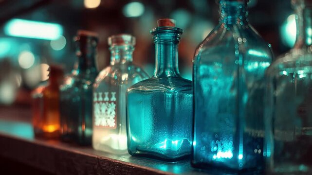 A row of vintage glass bottles in various colors and shapes stands on a wooden shelf with a blurred background. Artistic, nostalgic, and moody lighting creates a cozy antique atmosphere