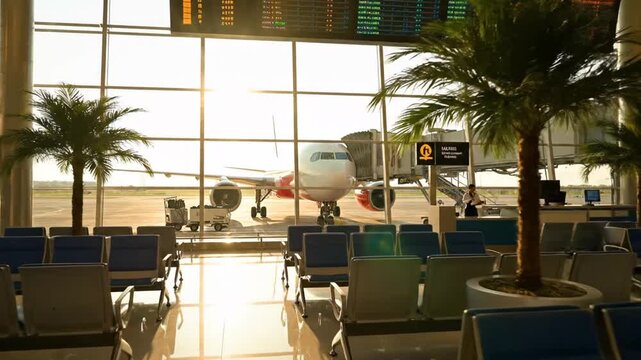 Modern airport departure lounge with flight board and parked airplane