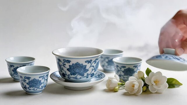 Blue and white porcelain tea set with flowers