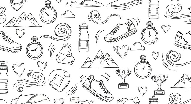 Seamless pattern with hand-drawn doodles of sports equipment and nature elements