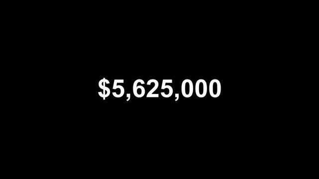 Ten million dollar counting animation from zero to ten million on a transparent background, 0 to 10,000,000 dollar money counter animation with alpha channel.