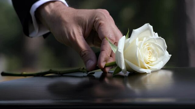Man gently placing a single white rose on a black coffin lid during an outdoor funeral ceremony