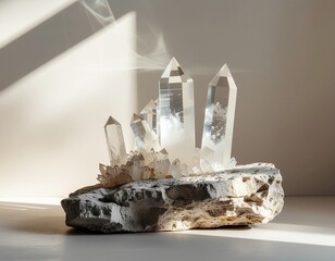 Clear quartz crystal cluster on a rough natural stone base, featuring dramatic sunlight rays and soft shadows in a minimalist setting