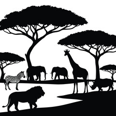 African savanna silhouette featuring giraffe zebra elephants rhino and lion © Esrat