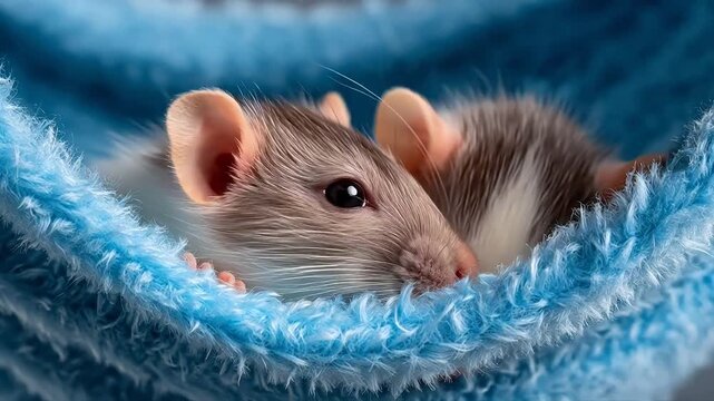 Two cute mice on blue fabric