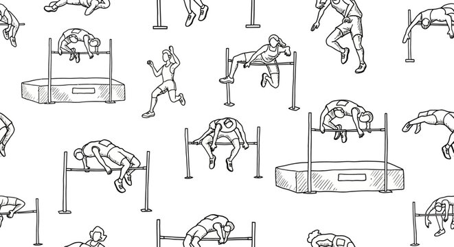Seamless pattern of high jump athletes in action, illustrative style