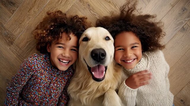 Two children and a dog on wooden floor