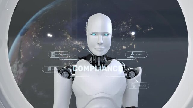 A futuristic robot highlights themes of compliance, governance, and technology against a backdrop of Earth, illustrating the fusion of advanced AI and digital data systems. Synapse