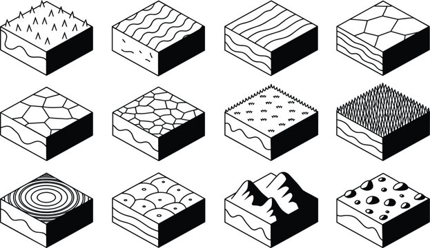 Black and white isometric terrain blocks set with grass, sand, stone, water, mountains and textures, perfect for game map design, tilesets and UI icons.