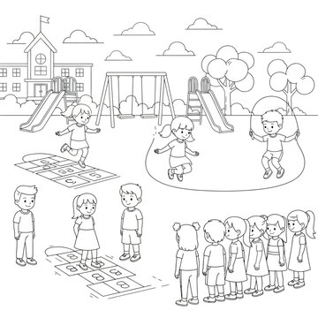 Black and white line art illustration of children playing various games like hopscotch and jumping rope in a school playground.