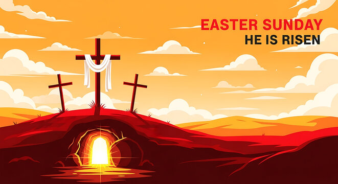 Easter Sunday He Is Risen illustration with crosses and empty tomb.