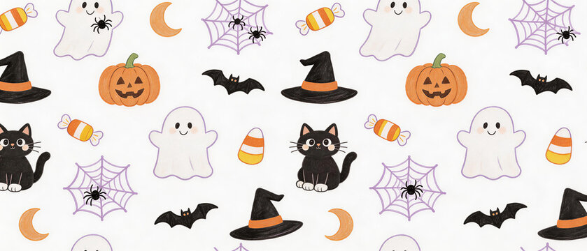 Cute Halloween Ghost and Pumpkin Seamless Pattern