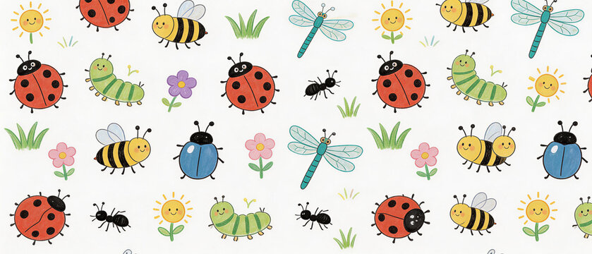 Happy Garden Bugs and Insects Seamless Pattern