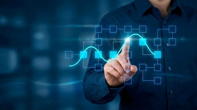 Business professional touching a glowing digital network graph with a highlighted path, symbolizing strategic planning, data analysis, and process optimization.