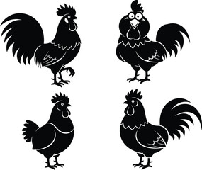Set of black rooster and chicken silhouettes featuring various poses and styles of farm poultry and cockerels for rural design and agricultural branding. © MdMamunur